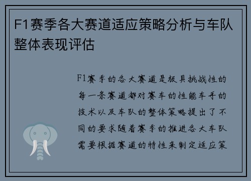 F1赛季各大赛道适应策略分析与车队整体表现评估