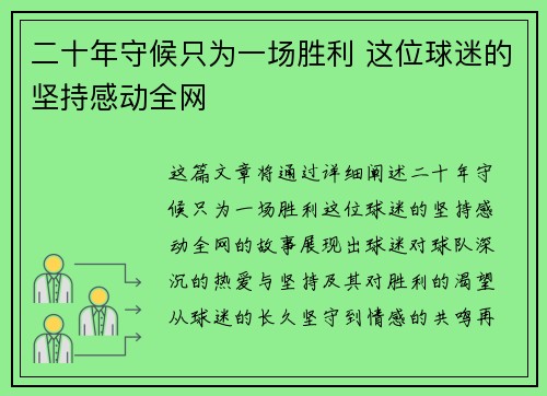 二十年守候只为一场胜利 这位球迷的坚持感动全网