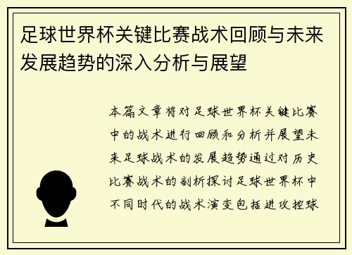 足球世界杯关键比赛战术回顾与未来发展趋势的深入分析与展望