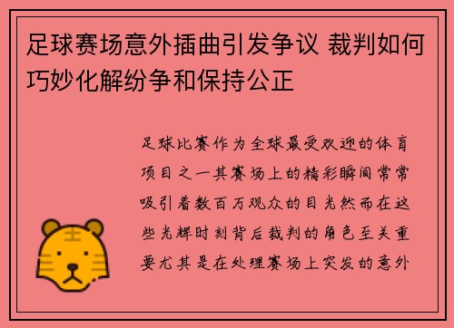 足球赛场意外插曲引发争议 裁判如何巧妙化解纷争和保持公正