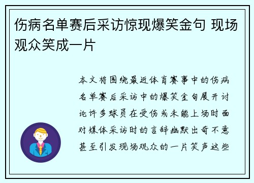 伤病名单赛后采访惊现爆笑金句 现场观众笑成一片