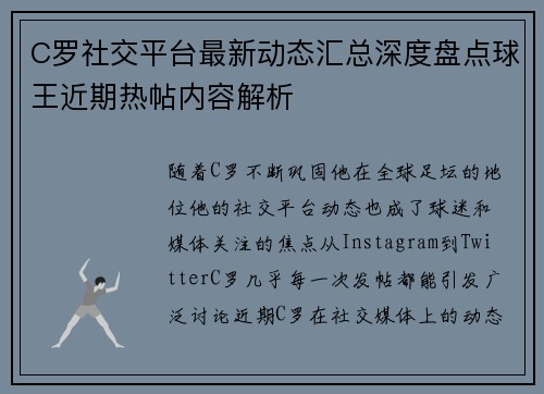 C罗社交平台最新动态汇总深度盘点球王近期热帖内容解析