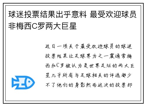 球迷投票结果出乎意料 最受欢迎球员非梅西C罗两大巨星